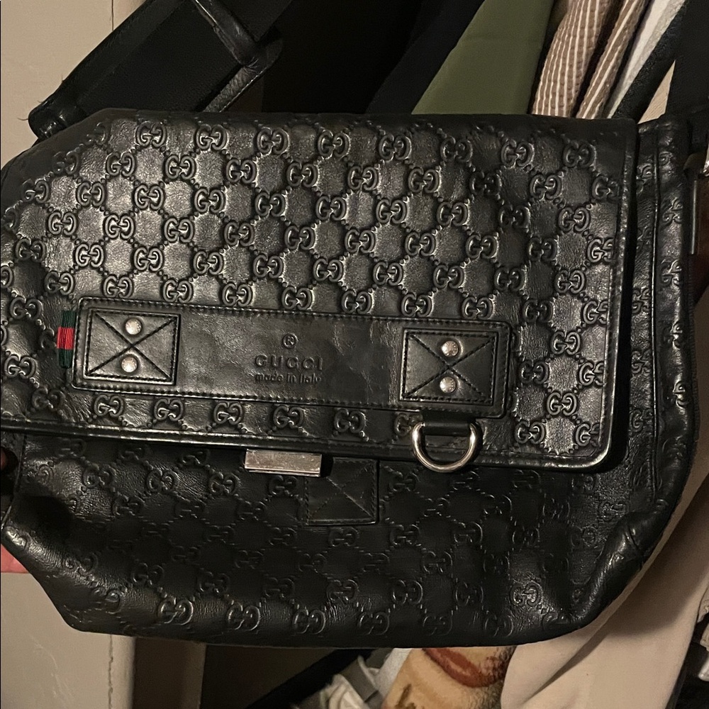 Gucci Embossed Black Leather Messenger Bag